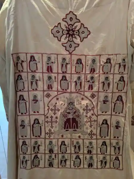 Cotton liturgical vestment (sticharion) with embroidery of the Virgin Mary and saints